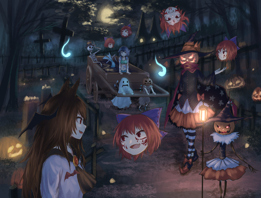 animal_ears blue_bow blue_eyes bow brown_hair cart chen cirno commentary_request disembodied_head facial_tattoo full_moon ghost_costume glowing glowing_eyes grass_root_youkai_network graveyard hair_bow halloween halloween_costume hat head_fins head_wings highres hitodama ice ice_wings imaizumi_kagerou in_container jack-o'-lantern lantern mermaid miniskirt monster_girl moon multiple_girls night night_sky orange_skirt outdoors pointy_shoes red_eyes red_hair roke_(taikodon) scarecrow sekibanki shoes short_hair skeleton skirt sky smile striped striped_legwear tattoo thighhighs tombstone touhou wagon wakasagihime wings witch_hat wolf_ears