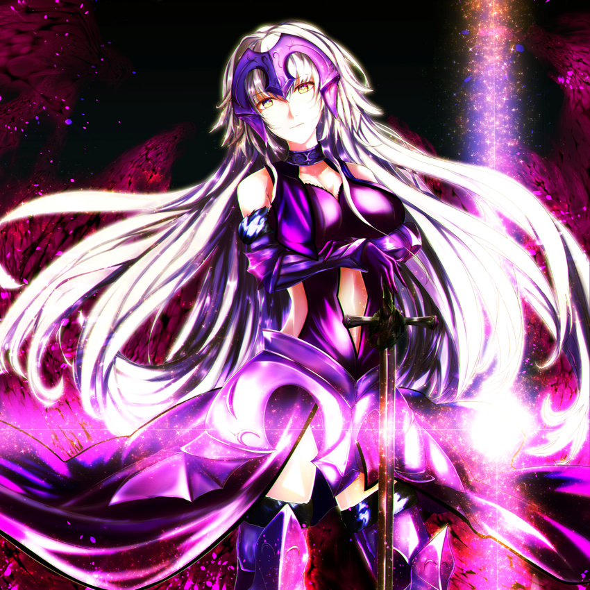 bangs bare_shoulders black_gloves boots breasts capelet chain closed_mouth commentary_request cowboy_shot elbow_gloves fate/grand_order fate_(series) fur_trim gauntlets gloves headpiece highres jeanne_d'arc_(alter)_(fate) jeanne_d'arc_(fate)_(all) long_hair looking_at_viewer medium_breasts otsunabe_(naabe_delta) silver_hair smile solo sword thigh_boots thighhighs very_long_hair weapon yellow_eyes