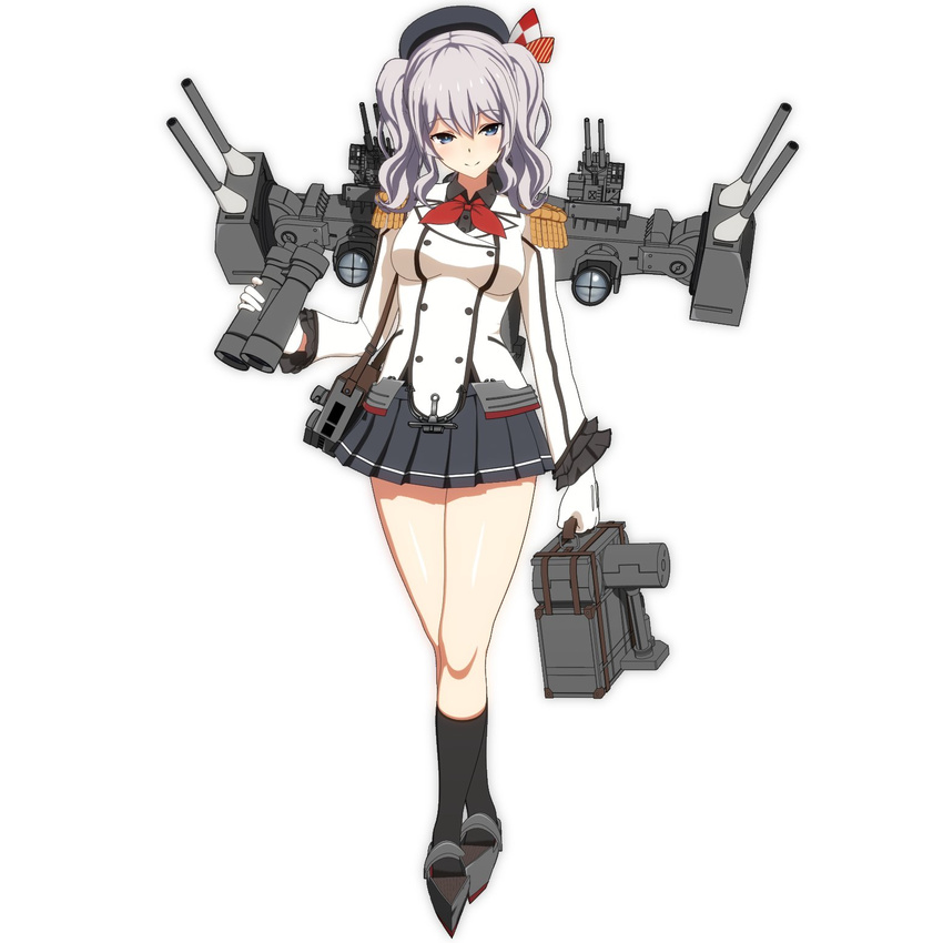 3d beret binoculars blush crossed_legs epaulettes frilled_sleeves frills full_body gloves hat highres kantai_collection kashima_(kantai_collection) long_hair machinery mikumikudance military military_uniform miniskirt pleated_skirt ponpu-chou silver_hair skirt smile solo thighs twintails uniform watson_cross white_background white_gloves