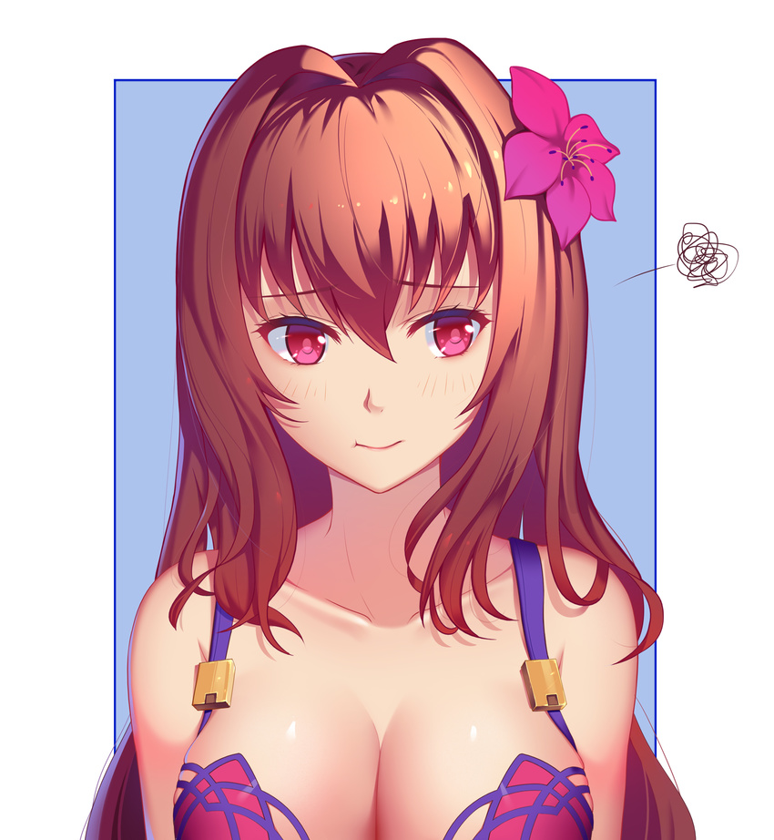 :t absurdres aira5 bangs bare_shoulders bikini_top blue_background blush breasts cleavage closed_mouth collarbone eyebrows_visible_through_hair fate/grand_order fate_(series) flower hair_between_eyes hair_flower hair_ornament highres long_hair medium_breasts pink_bikini_top pink_eyes pout red_hair scathach_(fate)_(all) scathach_(swimsuit_assassin)_(fate) shiny shiny_skin solo squiggle tareme two-tone_background upper_body