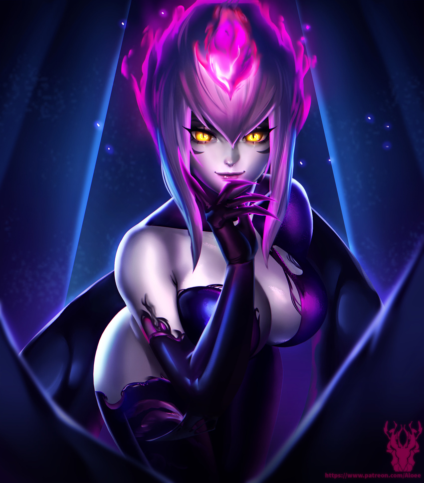 bangs blue_triangular breasts cleavage evelynn facial_mark fingernails hair_between_eyes highres large_breasts league_of_legends leaning_forward lipstick looking_at_viewer makeup mascara multicolored_hair pale_skin pink_hair purple_lipstick sharp_fingernails sidelocks slit_pupils smile two-tone_hair white_hair yellow_eyes