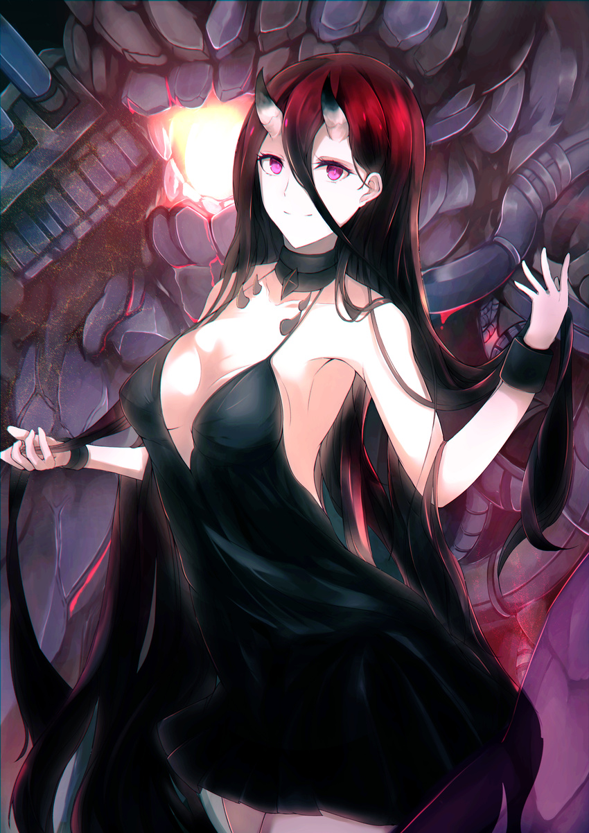 armpits bare_shoulders battleship_hime black_dress black_hair breasts closed_mouth commentary_request cowboy_shot dress highres kantai_collection long_hair looking_at_viewer medium_breasts oni_horns otsunabe_(naabe_delta) pale_skin pink_eyes shinkaisei-kan short_dress smile solo very_long_hair