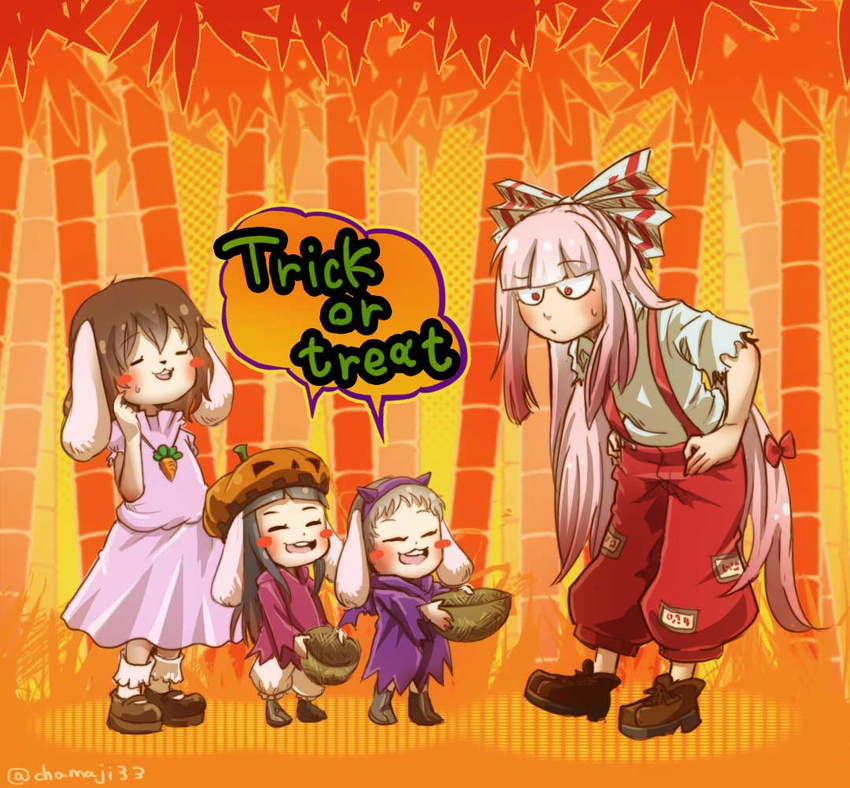 :3 ^_^ animal_ears bamboo bamboo_forest bangs basket bat_wings black_hair blunt_bangs blush_stickers bow brown_hair buck_teeth bunny_ears burnt_clothes carrot_necklace chamaji cloak closed_eyes commentary_request dress english eyebrows_visible_through_hair fake_horns forest fujiwara_no_mokou grey_hair hair_bow halloween halloween_costume hands_on_hips hat hime_cut hood hooded_cloak horns inaba inaba_tewi jack-o'-lantern leaf long_hair mary_janes multiple_girls nature ofuda open_mouth outdoors outstretched_arms pants pink_dress red_eyes shoes short_hair short_sleeves socks speech_bubble suspenders sweat touhou trick_or_treat twitter_username very_long_hair wings