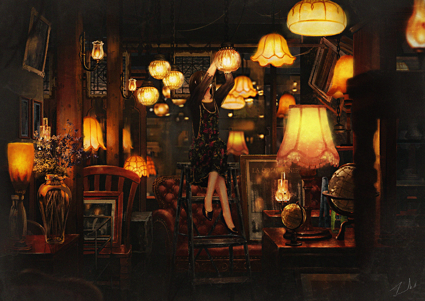 arms_up black_hair blurry couch covered_face dark dress faux_traditional_media floral_print flower globe indoors ladder lamp looking_up mirror night oil_lamp original painting_(object) picture_frame scenery shop short_hair signature sitting solo store_clerk tamaki_(tamaki_illust) vase window