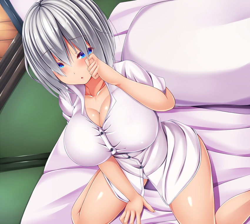 :o alternate_costume bare_legs between_legs blue_eyes blush breasts bursting_breasts cleavage collarbone collared_shirt commentary_request dress_shirt eyebrows_visible_through_hair from_above fujimiya_yahiro futon hair_over_eyes half-closed_eyes hamakaze_(kantai_collection) hand_between_legs hand_up kantai_collection large_breasts long_hair looking_at_viewer no_pants on_bed parted_lips pillow shiny shiny_skin shirt short_hair short_sleeves silver_hair sleepy solo tatami white_shirt wing_collar wiping_face