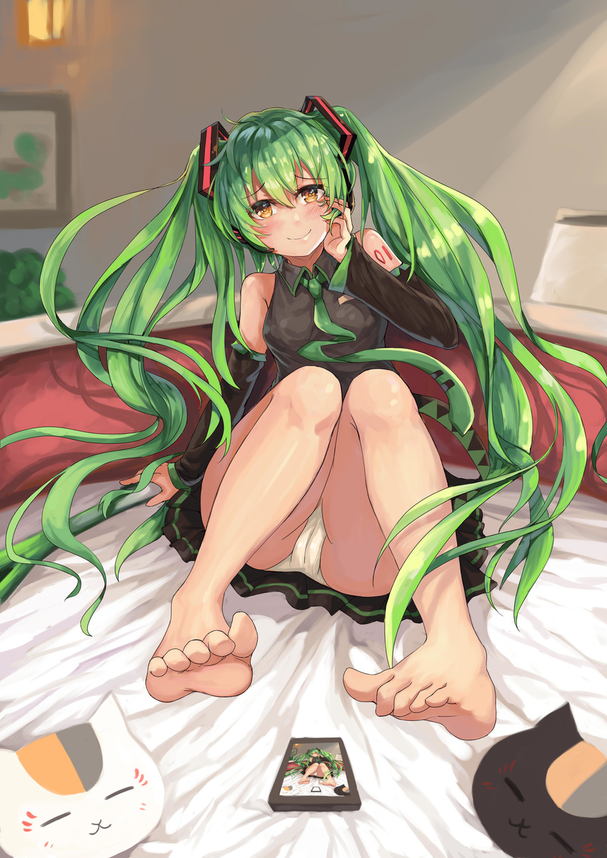 absurdres alternate_eye_color arm_at_side arm_support bangs barefoot bed black_skirt blurry blurry_background blush cameltoe cellphone closed_mouth detached_sleeves green_hair hair_ornament hand_on_own_cheek hatsune_miku head_tilt headset highres indoors legs long_hair long_sleeves looking_at_viewer necktie on_bed panties pantyshot phone pleated_skirt recursion sitting skirt sleeveless smartphone smile soles solo tattoo toes toy twintails underwear vocaloid white_panties xiao_miao yellow_eyes
