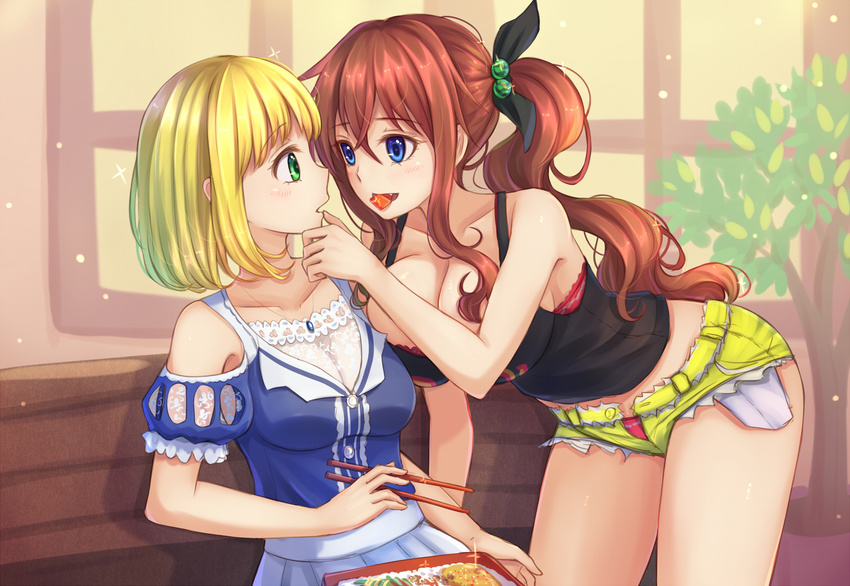 bangs bare_shoulders blonde_hair blue_eyes blush bob_cut breasts brown_hair chopsticks collarbone commentary_request cowboy_shot cutoffs food_in_mouth green_eyes hair_between_eyes hair_bobbles hair_ornament hair_ribbon highres large_breasts leaning_forward long_hair medium_breasts mu_ying_rong multiple_girls obentou original ribbon short_hair short_shorts shorts shoulder_cutout side_ponytail suikakitsu_shiro tank_top very_long_hair xia_you_qing yuri