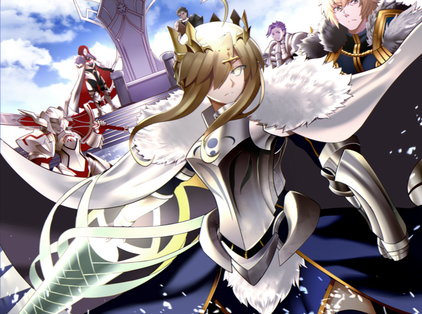 4boys agravain_(fate/grand_order) ahoge armor artoria_pendragon_(all) artoria_pendragon_(lancer) bad_id bad_pixiv_id blue_sky cape closed_mouth commentary_request cowboy_shot crown day fate/apocrypha fate/extra fate/grand_order fate_(series) faulds full_armor fur_trim gauntlets gawain_(fate/extra) highres holding holding_sword holding_weapon knight knights_of_the_round_table_(fate) lancelot_(fate/grand_order) looking_at_viewer mordred_(fate) mordred_(fate)_(all) multiple_boys multiple_girls over_shoulder paperfinger rhongomyniad sky sword throne tristan_(fate/grand_order) weapon weapon_over_shoulder
