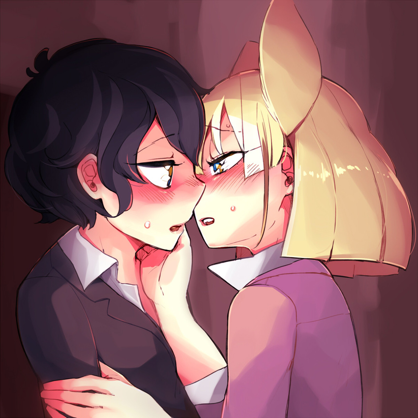 adapted_costume alternate_costume animal_ears arm_holding black_hair black_jacket blonde_hair blush collared_shirt commentary_request contemporary extra_ears eye_contact fennec_(kemono_friends) fox_ears from_side half-closed_eyes hand_on_another's_neck highres imminent_kiss initsukkii jacket kaban_(kemono_friends) kemono_friends looking_at_another multiple_girls partially_unbuttoned pink_jacket shirt short_hair sweat upper_body yuri