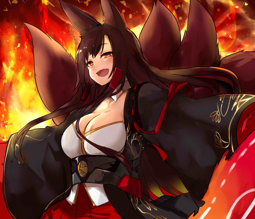 :d akagi_(azur_lane) animal_ears azur_lane bangs breasts brown_eyes brown_hair cleavage commentary eyebrows_visible_through_hair eyeshadow fang fiery_background fire flight_deck fox_ears fox_tail haik japanese_clothes kimono large_breasts long_hair long_sleeves looking_at_viewer magic makeup multiple_tails obi open_mouth pleated_skirt red_skirt sash skirt smile solo tail upper_body wide_sleeves