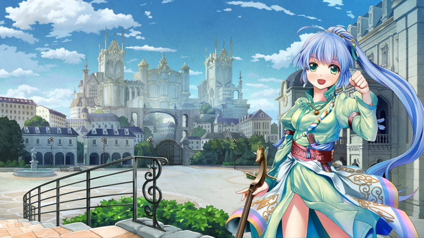 :d blue_hair blue_sky blush building castle city cloud cloudy_sky day dmm dress fountain gate girls_symphony green_dress green_eyes hair_ornament hand_up happy highres holding juliet_sleeves long_hair long_sleeves looking_at_viewer open_mouth outdoors palace ponytail puffy_sleeves railing sky skyline smile solo stairs standing tree very_long_hair walking_stick wallpaper wind wind_lift