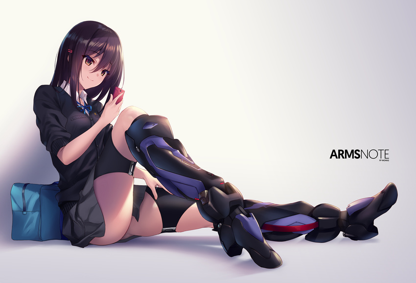 armor arms_note ass bag bionic_joshikousei_(fukai_ryousuke) black_hair black_skirt boots bow breasts brown_eyes buttons cardigan cellphone collared_shirt commentary_request duffel_bag eyebrows_visible_through_hair fukai_ryousuke full_body gradient gradient_background hair_ornament hairclip holding holding_phone knee_boots knee_to_chest long_sleeves looking_at_phone phone prosthesis prosthetic_leg school_uniform shirt simple_background sitting skirt sleeves_pushed_up sleeves_rolled_up small_breasts smartphone smile solo sweater white_background