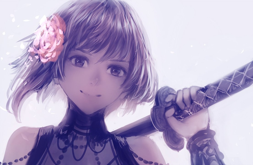 bangs blue_background brown_eyes brown_hair close-up closed_mouth commentary_request flower hair_flower hair_ornament holding holding_sword holding_weapon katana looking_at_viewer original over_shoulder sakimori_(hououbds) short_hair smile solo sword sword_over_shoulder vambraces weapon weapon_over_shoulder