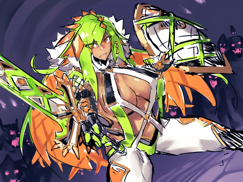 bangs blush breasts character_request cleavage cleavage_cutout commentary_request copyright_request dark_skin eyebrows_visible_through_hair eyes_visible_through_hair green_hair hair_between_eyes highres holding holding_shield holding_sword holding_weapon huge_breasts legs_apart melon22 midriff monster multicolored_hair orange_eyes orange_hair pants revealing_clothes shield sketch solo_focus standing sweat sweatdrop sword weapon white_pants wings