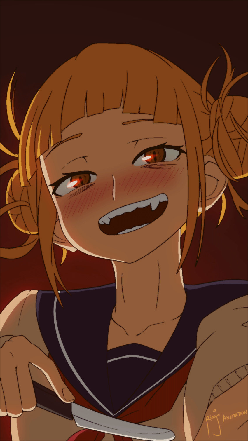 :d animated animated_gif bangs blonde_hair blunt_bangs blush boku_no_hero_academia collarbone commentary double_bun fangs heavy_breathing highres knife looking_at_viewer nose_blush open_mouth red_background ryojojo school_uniform simple_background slit_pupils smile solo teeth toga_himiko upper_body watermark yellow_eyes