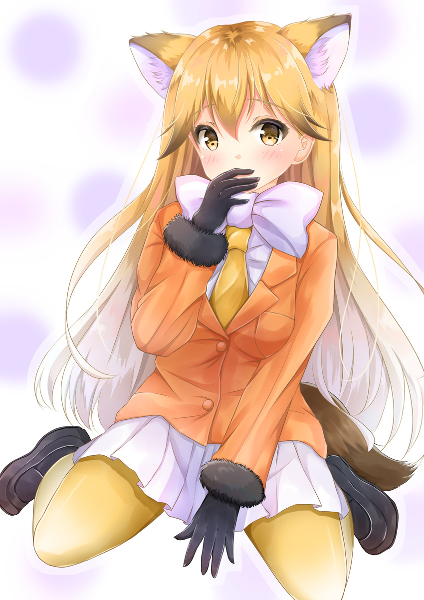 animal_ears black_footwear black_gloves blonde_hair blush bow bowtie covering_mouth extra_ears ezo_red_fox_(kemono_friends) fox_ears fox_tail full_body gloves gradient_hair hair_between_eyes highres inahori jacket kemono_friends loafers long_hair long_sleeves looking_at_viewer multicolored_hair orange_jacket pantyhose pleated_skirt shoes simple_background sitting skirt solo tail wariza white_background white_bow white_skirt yellow_eyes yellow_legwear yellow_neckwear
