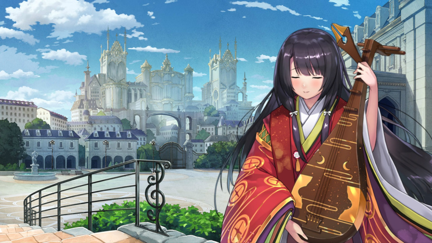 bangs biwa_lute black_hair blue_sky blunt_bangs blush building castle city closed_eyes cloud cloudy_sky colorful day dmm facing_viewer fountain gate girls_symphony highres instrument instrument_request japanese_clothes karaginu_mo kimono layered_clothing layered_kimono long_hair long_sleeves lute lute_(instrument) multicolored multicolored_clothes multicolored_kimono outdoors palace railing red_kimono sky skyline smile solo stairs tree wallpaper wide_sleeves