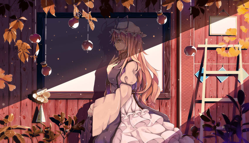 blonde_hair bottle chinese commentary_request dead_line dress from_side hat hat_ribbon highres indoors ladder layered_dress leaf long_hair long_sleeves mob_cap profile ribbon shadow solo standing tabard touhou white_dress white_hat wide_sleeves wooden_wall yakumo_yukari yellow_eyes