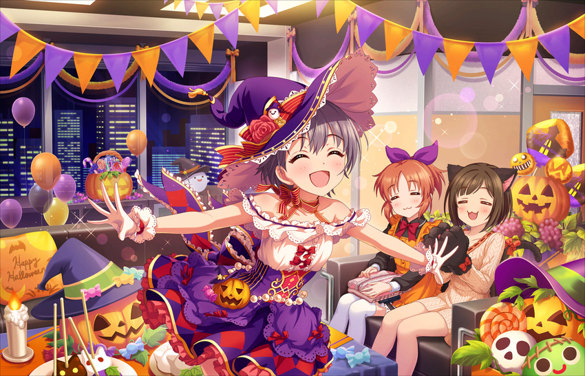 blus broom dress eyes_closed grey_hair halloween hat hsmile idolmaster_cinderella_girls idolmaster_cinderella_girls_starlight_stage ngiht otokura_yuuki pumpkin short_hair witch