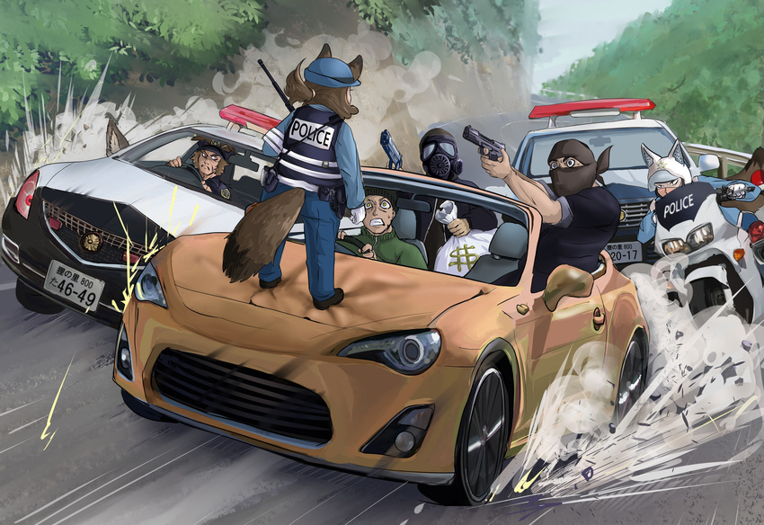 5boys aiming animal_ears bag bandana beanie black_footwear black_hat blue_hat blue_jacket blue_pants brown_hair bulletproof_vest car car_chase clenched_hand clenched_teeth commentary_request covered_face day doitsuken dollar_sign driving facing_away frown gas_mask gloves green_jacket ground_vehicle gun handgun hat helmet highres holding holding_gun holding_weapon jacket license_plate long_sleeves looking_at_another mask motor_vehicle motorcycle motorcycle_helmet multiple_boys on_vehicle original outdoors pants pistol police police_car police_hat police_uniform policeman policewoman pouch raccoon_ears raccoon_tail railing red_eyes road sanpaku scared shoes short_hair shoulder_bag sparks standing subaru_(brand) subaru_brz surprised sweatdrop tail teeth uniform weapon white_gloves wide-eyed