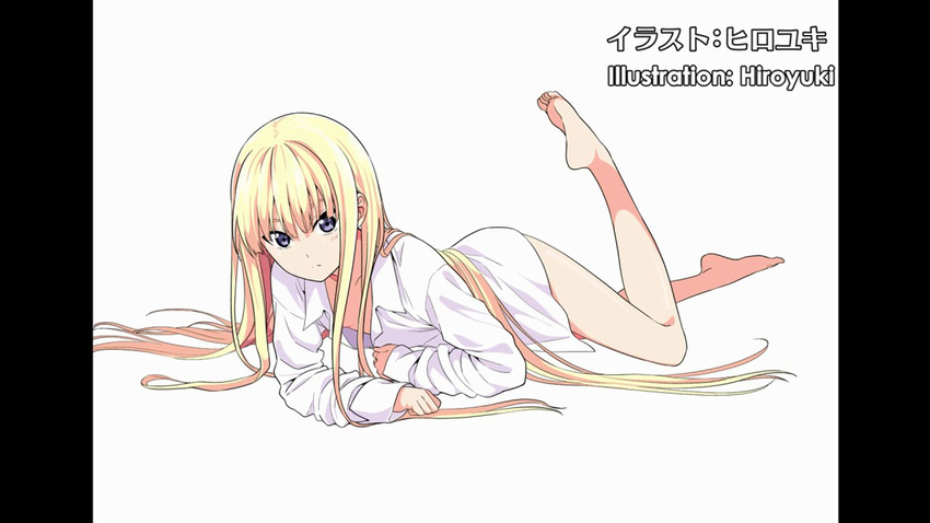 artist_name barefoot blonde_hair blush breasts dress_shirt end_card evangeline_a_k_mcdowell feet frown hiroyuki long_hair long_sleeves looking_at_viewer lying mahou_sensei_negima! naked_shirt non-web_source on_stomach open_clothes open_shirt oversized_clothes pillarboxed purple_eyes screencap shirt simple_background small_breasts soles solo uq_holder! very_long_hair white_background
