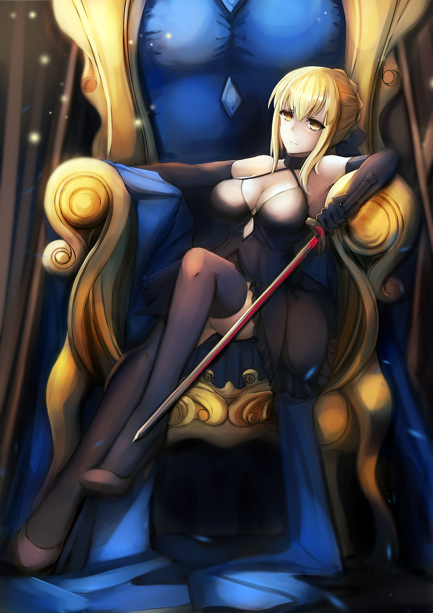 aikawa_juujutsu_machi artoria_pendragon_(all) bangs black_dress black_gloves black_legwear blonde_hair breasts cleavage closed_mouth commentary_request crossed_legs dark_excalibur dress elbow_gloves fate/grand_order fate_(series) full_body gloves halter_dress high_heels highres holding holding_sword holding_weapon looking_at_viewer medium_breasts saber_alter sitting solo sword thighhighs throne weapon yellow_eyes