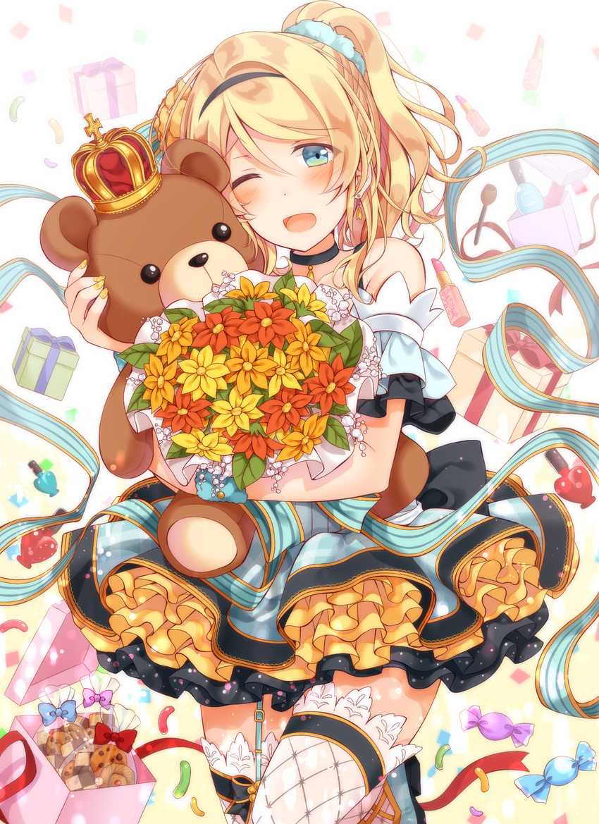 ;d ayase_eli black_neckwear blonde_hair blue_eyes blush bottle bouquet box checkerboard_cookie choker confetti cookie crown dress earrings flower food frilled_dress frilled_sleeves frills garter_straps gift gift_box hair_flower hair_ornament hairband highres holding holding_stuffed_animal jewelry lace lace-trimmed_thighhighs leg_up lipstick_tube looking_at_viewer love_live! love_live!_school_idol_project makeup_brush mogu_(au1127) nail_polish one_eye_closed open_mouth perfume_bottle ponytail ribbon smile solo stuffed_animal stuffed_toy teddy_bear thighhighs wristband yellow_nails