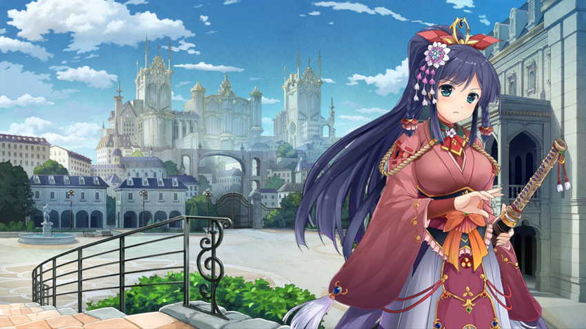 bangs blue_eyes blue_hair blue_sky breasts building castle city cloud cloudy_sky day dmm eyebrows_visible_through_hair fountain frown gate girls_symphony hair_ornament highres holding holding_sheath holding_sword holding_weapon japanese_clothes katana kimono large_breasts long_hair looking_at_viewer outdoors palace ponytail railing ready_to_draw sheath sheathed sky skyline solo stairs standing sword tree wallpaper weapon
