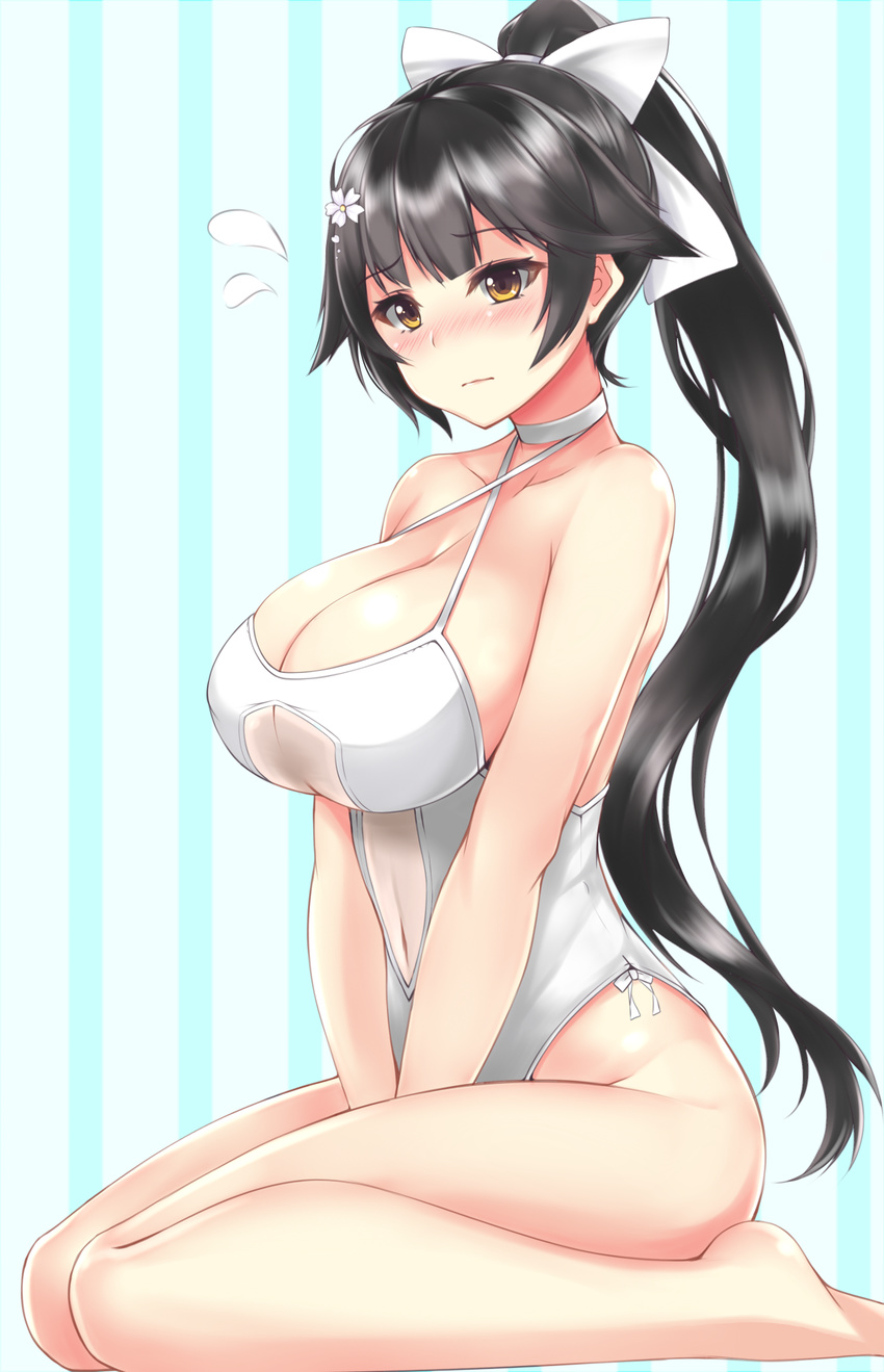 azur_lane black_hair bow breasts commentary_request eyebrows_visible_through_hair flower flustered hair_bow hair_flower hair_ornament highres large_breasts long_hair one-piece_swimsuit ponytail seiza sitting sogaya swimsuit takao_(azur_lane) white_swimsuit