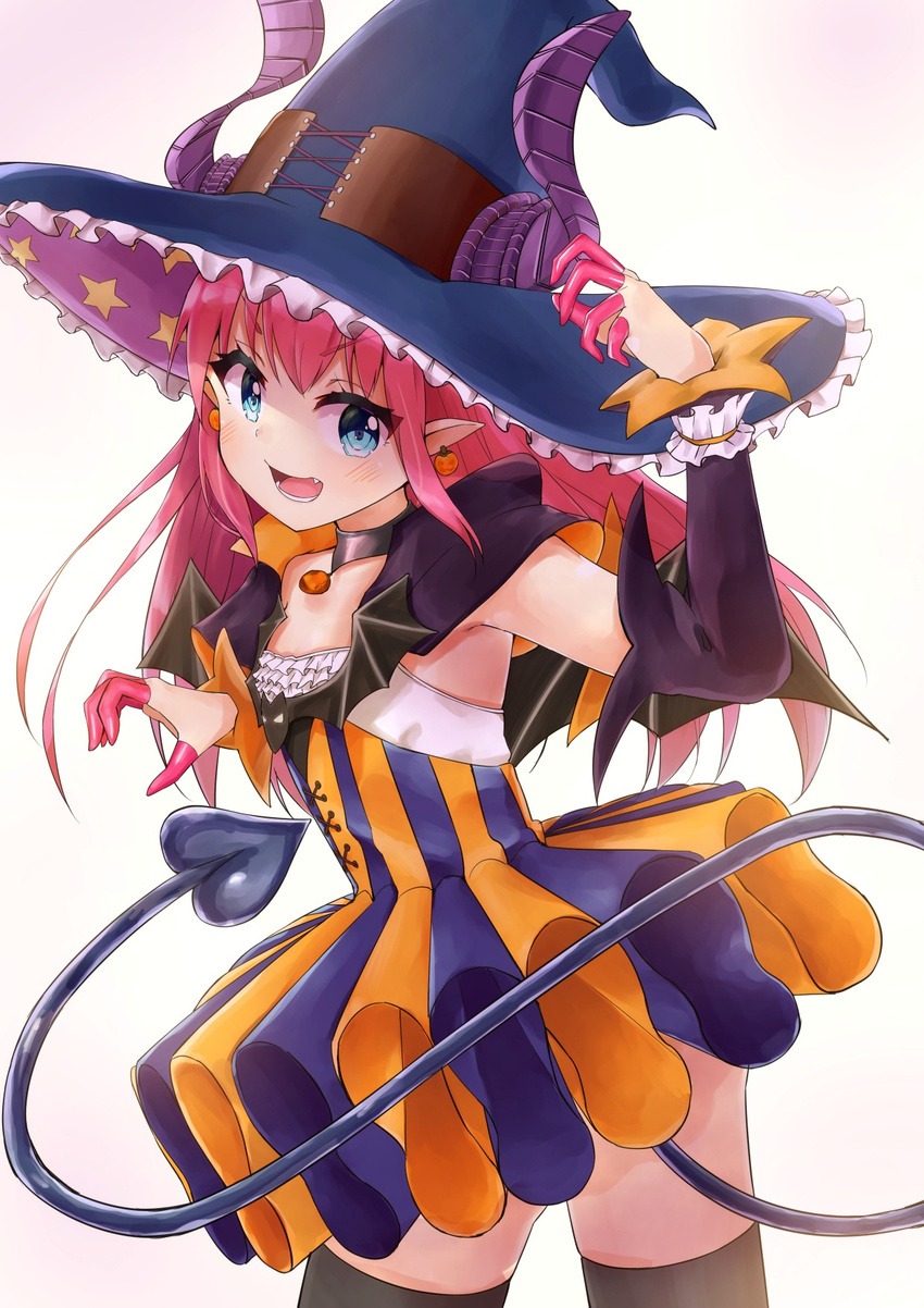 :d blue_eyes choker commentary_request demon_tail detached_sleeves elizabeth_bathory_(fate) elizabeth_bathory_(fate)_(all) elizabeth_bathory_(halloween)_(fate) fate/extra fate/extra_ccc fate/grand_order fate_(series) halloween hat highres horns long_hair looking_at_viewer open_mouth pink_hair pointy_ears racchi. smile solo tail witch_hat