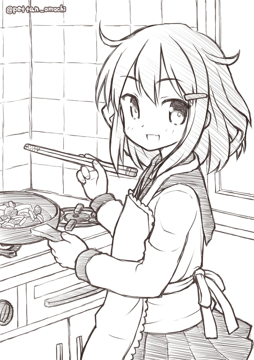 apron chopsticks commentary_request cowboy_shot fang frying_pan greyscale hair_ornament hairclip highres ikazuchi_(kantai_collection) indoors kantai_collection looking_at_viewer monochrome omochi_(pettan_omochi) open_mouth sailor_collar school_uniform serafuku short_hair smile solo stove twitter_username window