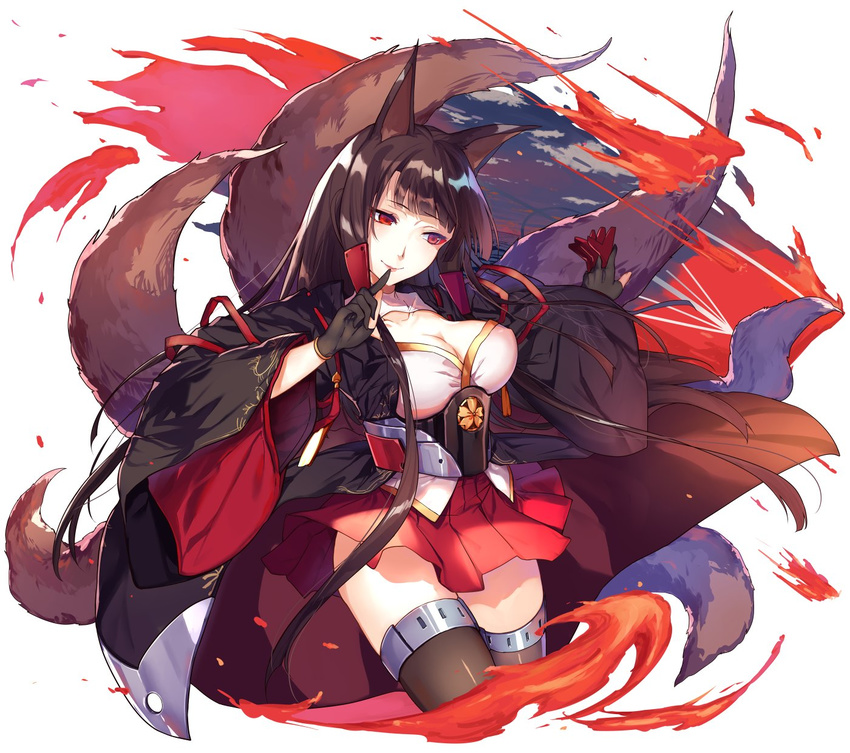 abusoru akagi_(azur_lane) animal_ears azur_lane bangs black_gloves black_hair black_legwear breasts cleavage closed_mouth cropped_legs fire fox_ears fox_tail gloves highres japanese_clothes large_breasts long_hair miniskirt multiple_tails partly_fingerless_gloves red_eyes red_skirt shiny shiny_hair simple_background skirt smile solo tail thighhighs white_background wide_sleeves