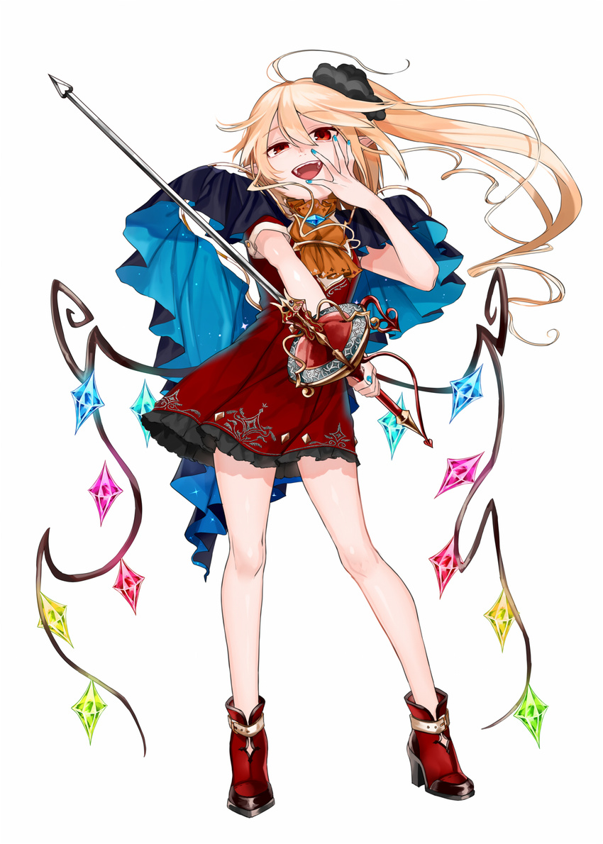 adapted_costume ascot bare_arms bare_legs blonde_hair blue_nails boots cape contrapposto dress flandre_scarlet full_body gotoh510 hair_between_eyes hand_up head_tilt high_heels highres holding long_hair looking_at_viewer nail_polish open_mouth pointy_ears rapier red_dress red_eyes red_footwear short_dress simple_background smile solo standing sword teeth touhou weapon white_background wings