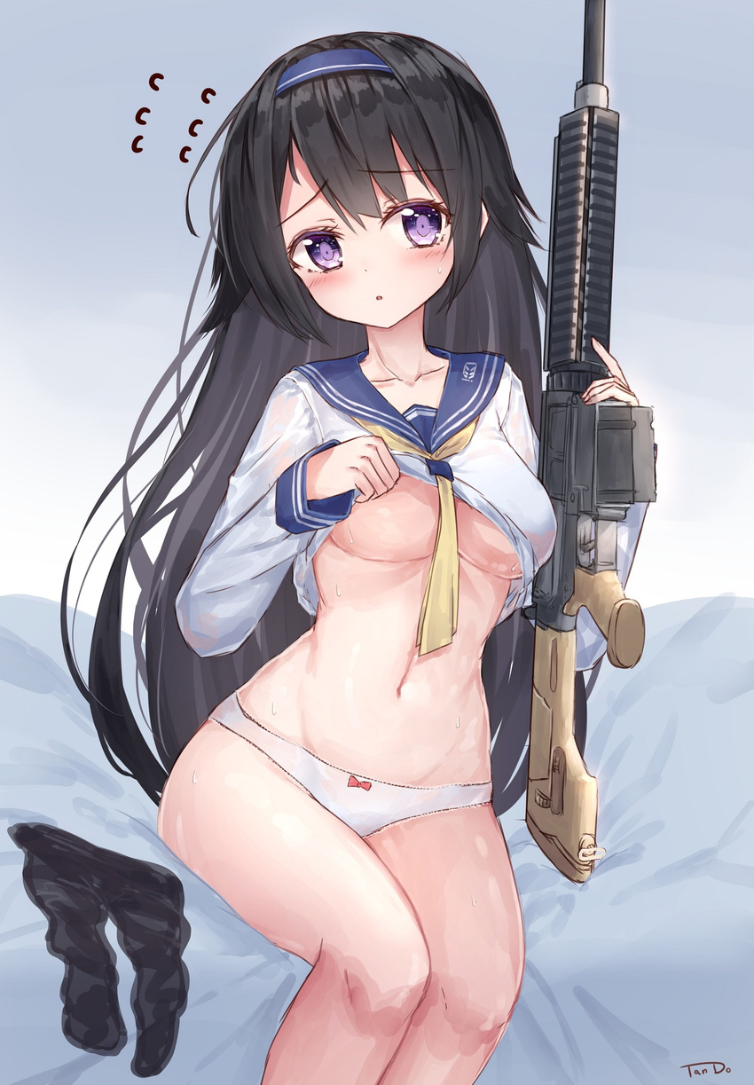 :o ascot bangs black_hair black_legwear blue_background blue_hairband blue_shirt blush bow bow_panties breasts collarbone commentary_request eyebrows_visible_through_hair flying_sweatdrops girls_frontline gradient gradient_background gun hairband head_tilt highres holding holding_gun holding_weapon large_breasts lifted_by_self long_sleeves looking_at_viewer no_bra no_pants panties pantyhose pantyhose_removed parted_lips purple_eyes school_uniform serafuku shirt shirt_lift sitting solo super_sass super_sass_(girls_frontline) sweat tandohark underwear weapon white_background white_panties yellow_neckwear