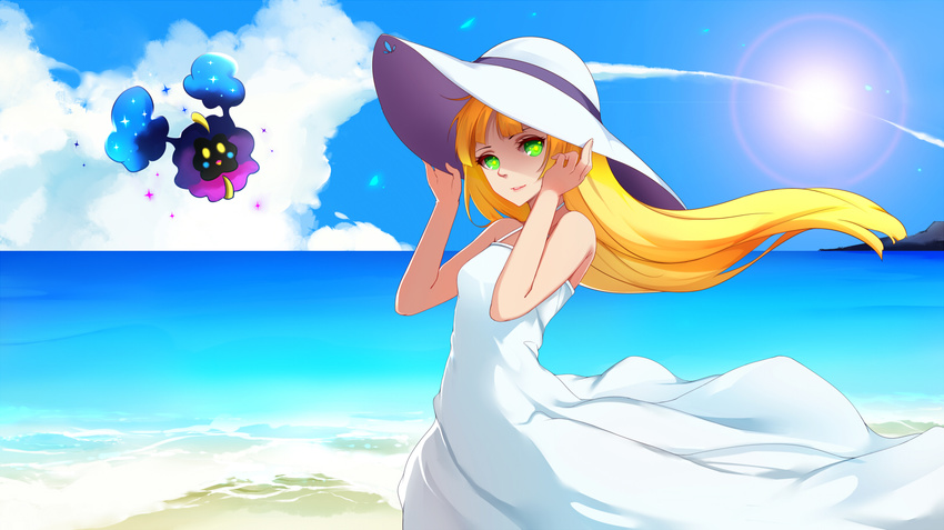 :d bad_id bad_pixiv_id bare_shoulders beach blonde_hair cloud cosmog day dress floating_hair from_side gen_7_pokemon green_eyes hands_on_headwear hat highres lillie_(pokemon) long_hair looking_at_viewer open_mouth outdoors parted_lips pokemon pokemon_(creature) pokemon_(game) pokemon_sm shito_zhizhen sky sleeveless sleeveless_dress smile sparkle sun_hat sundress very_long_hair water white_dress white_hat