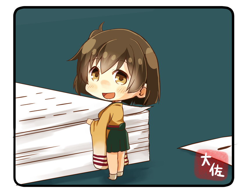 :d artist_name blush brown_eyes brown_hair chibi commentary eyebrows_visible_through_hair green_hakama hair_between_eyes hakama highres hiryuu_(kantai_collection) japanese_clothes kantai_collection kimono long_sleeves minigirl one_side_up open_mouth orange_kimono paper short_hair smile solo taisa_(kari) wide_sleeves