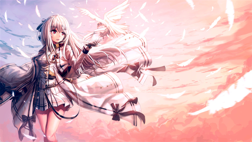 arm_up bangs bird buttons cloud coat coat_lift collar collared_jacket cowboy_shot eyebrows_visible_through_hair feathers girls_frontline gloves hair_between_eyes hair_ornament hair_ribbon hairclip highres iws-2000_(girls_frontline) light_smile long_hair medal military military_uniform open_clothes open_coat pleated_skirt red_eyes ribbon ribbon-trimmed_clothes ribbon_trim silver_hair skirt sky sleeve_cuffs solo strap striped tassel thighs uniform vvy wallpaper white_coat white_skirt wind wind_lift
