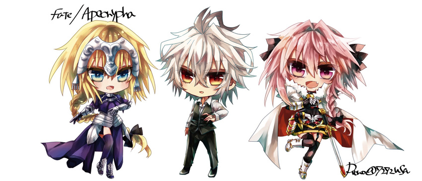 2boys ahoge armor armored_boots armored_dress astolfo_(fate) bangs black_legwear black_ribbon blonde_hair blue_eyes boots braid cape collared_shirt commentary eyebrows_visible_through_hair fang fate/apocrypha fate_(series) full_body garter_straps hair_ribbon headpiece highres jeanne_d'arc_(fate) jeanne_d'arc_(fate)_(all) long_braid long_hair looking_at_viewer multicolored_hair multiple_boys otoko_no_ko pako@7272usa pink_eyes pink_hair purple_legwear red_eyes ribbon scabbard sheath shirt short_hair sieg_(fate/apocrypha) single_braid standing standing_on_one_leg sword thighhighs thighs two-tone_hair waist_cape weapon white_background white_footwear white_hair white_shirt