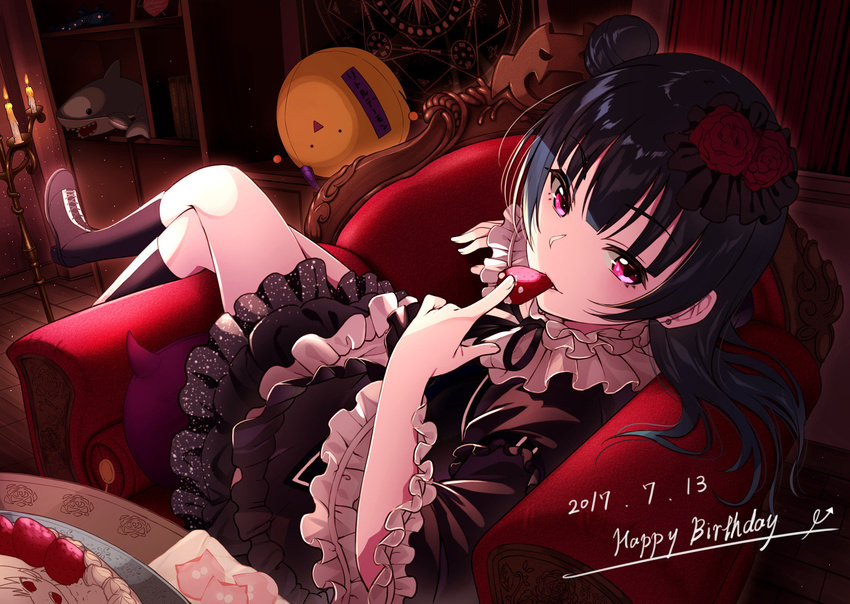 2017 armchair bangs black_legwear blue_hair candle chain chair crossed_legs dated dress easy_chair flower food food_in_mouth frilled_dress frilled_sleeves frills fruit hair_flower hair_ornament happy_birthday highres indoors keita_(kta0) kneehighs layered_dress looking_at_viewer love_live! love_live!_sunshine!! red_eyes sitting sitting_sideways solo strawberry tsushima_yoshiko wide_sleeves