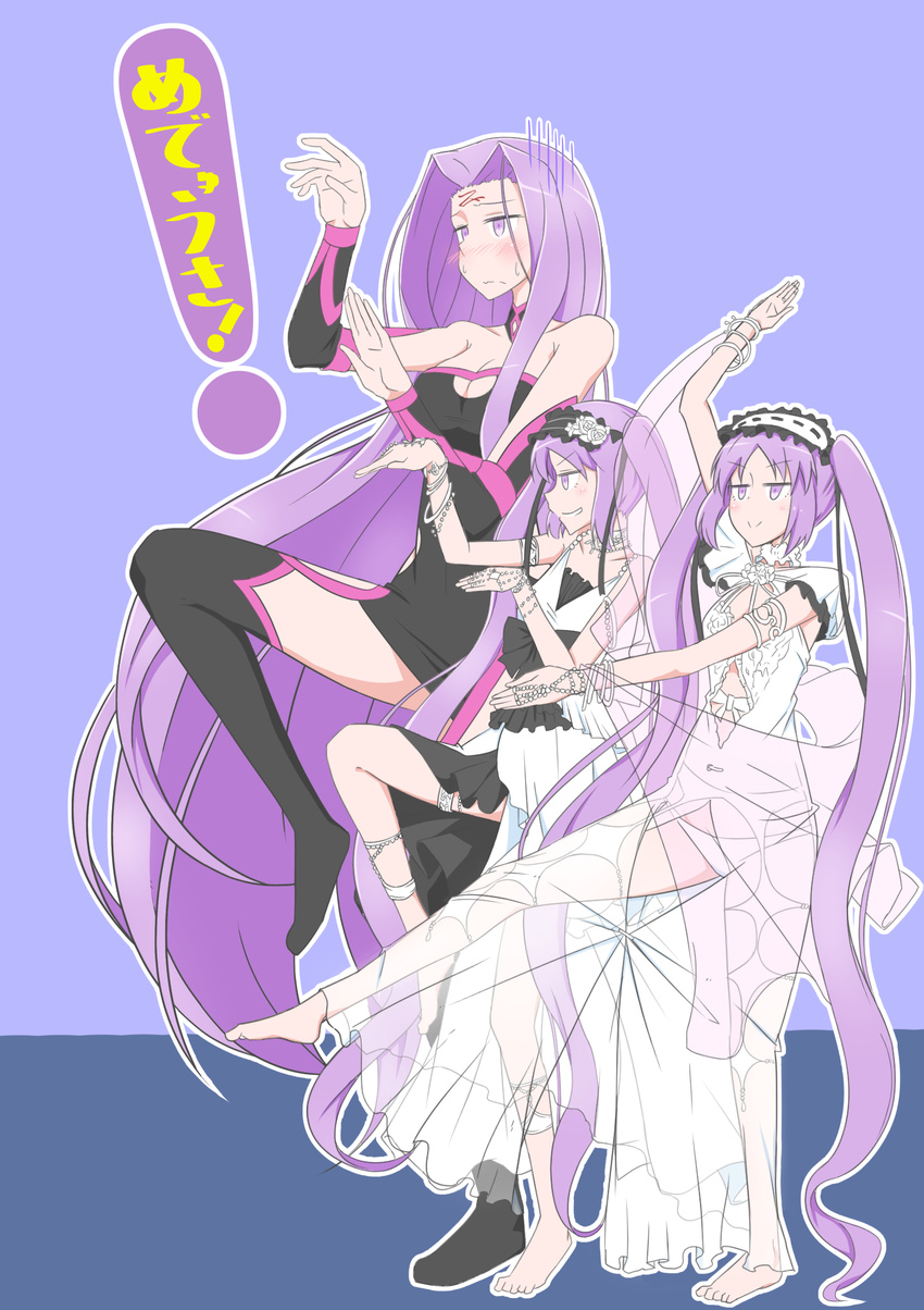 :&gt; absurdly_long_hair arm_up bare_shoulders barefoot black_ribbon blue_background blush boots bracelet breasts choker cleavage commentary_request dress embarrassed euryale facial_mark fate/grand_order fate_(series) flower forehead_mark frills frown grin hairband highres jewelry large_breasts leg_up lolita_hairband long_hair multiple_girls panties parody purple_eyes purple_hair ribbon rider ring see-through siblings sisters sleeveless sleeveless_dress small_breasts smile stheno sweat tasumetoro thigh_boots thighhighs translated underwear very_long_hair wavy_mouth white_flower white_ribbon yotsubato! yotsubato!_pose