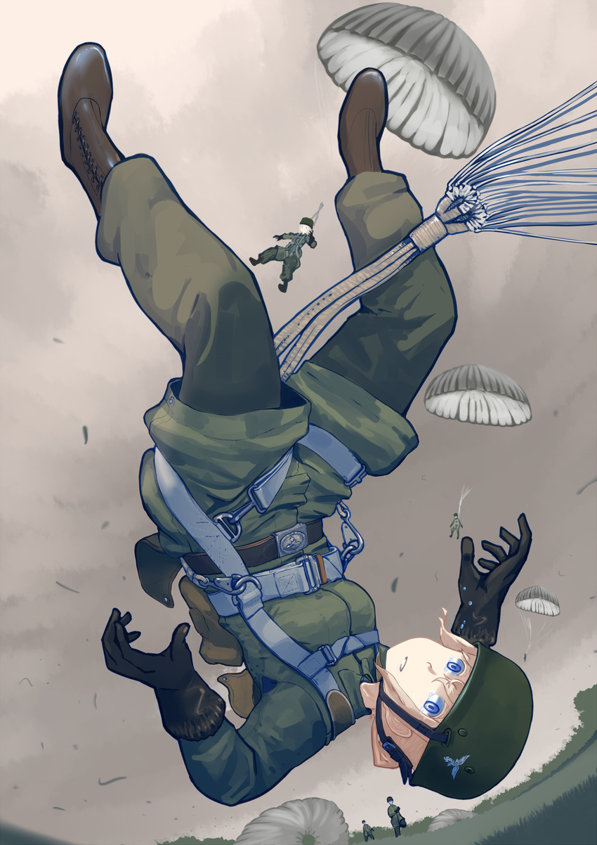 black_gloves blonde_hair blue_eyes blue_pupils boots brown_footwear camouflage camouflage_pants cloud cloudy_sky commentary crying crying_with_eyes_open day erica_(naze1940) falling fallschirmhelm fallschirmjager gloves grass green_jacket grey_sky hair_between_eyes helmet highres jacket looking_at_viewer military military_uniform original outdoors pants parachute paratrooper parted_lips sky soldier solo_focus tears uniform upside-down wind world_war_ii