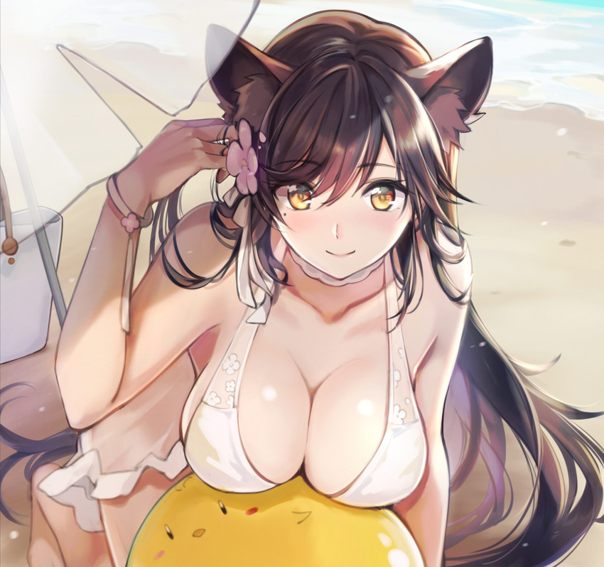 animal_ears atago_(azur_lane) azur_lane ball bangs bare_shoulders beach beach_umbrella beachball breasts brown_eyes brown_hair choker cleavage collarbone commentary_request eyebrows_visible_through_hair flower hair_flower hair_ornament highres kneeling large_breasts long_hair looking_at_viewer mole mole_under_eye nijou_nade outdoors smile solo swimsuit umbrella water white_swimsuit