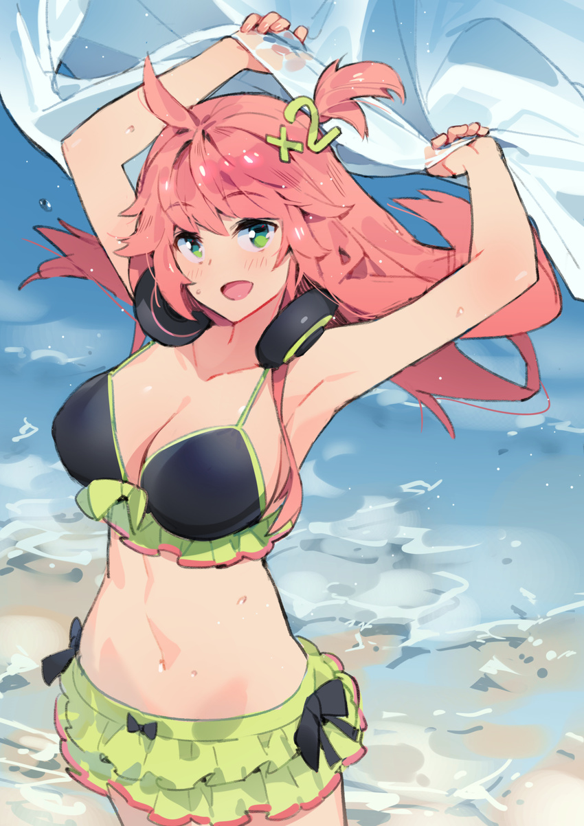 :d ahoge armpits arms_up bangs bare_arms bare_shoulders bikini black_bikini_top blush breasts collarbone cowboy_shot day ddal eyebrows_visible_through_hair floating_hair frilled_bikini frills green_bikini_top green_eyes hair_ornament headphones headphones_around_neck highres holding large_breasts looking_at_viewer mismatched_bikini number ocean one_side_up open_mouth original pink_hair smile solo standing sweat swimsuit water wind