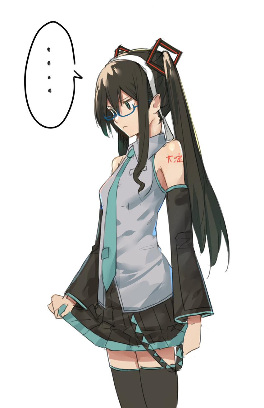 1girl absurdres alternate_costume alternate_hairstyle bare_shoulders black_hair black_legwear black_skirt blue_eyes breasts closed_mouth commentary_request cosplay detached_sleeves glasses green_eyes green_neckwear hair_between_eyes hair_ornament hairband hatsune_miku hatsune_miku_(cosplay) highres kantai_collection long_hair miniskirt nanao_(aoyamahikari) necktie ooyodo_(kantai_collection) ribbon semi-rimless_eyewear shirt sidelocks simple_background skirt skirt_hold sleeveless sleeveless_shirt small_breasts solo spoken_ellipsis thighhighs translated twintails under-rim_eyewear vocaloid white_background white_ribbon zettai_ryouiki