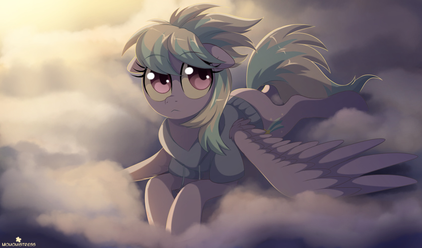 2017 clothed clothed_feral clothing cloud cloud_chaser_(mlp) cutie_mark equine eyelashes feathered_wings feathers female feral friendship_is_magic hair hooves lying mammal momomistress multicolored_hair multicolored_tail my_little_pony on_front pegasus purple_eyes solo sweater two_tone_hair wings