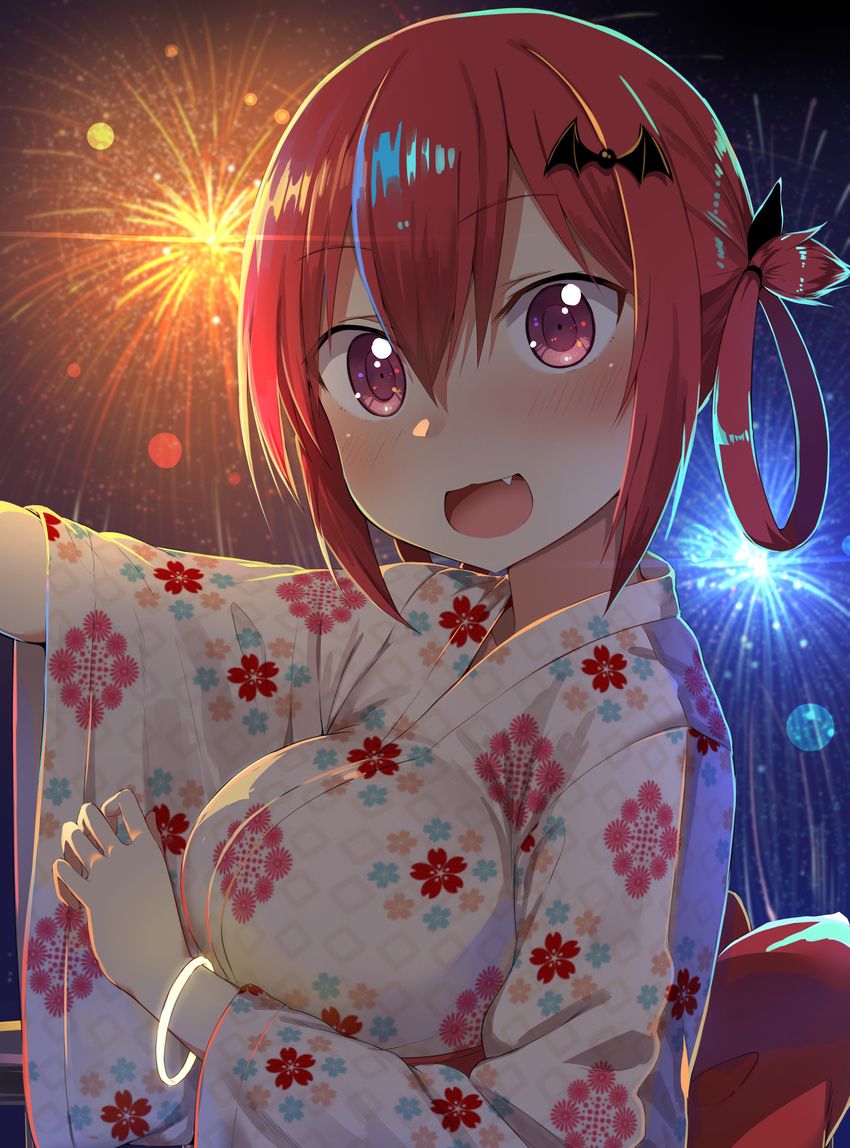 :3 :d absurdres arm_up backlighting bangle bat_hair_ornament blush bracelet breasts commentary_request eyebrows_visible_through_hair fang fireworks floral_print from_side gabriel_dropout glowing greatmosu hair_between_eyes hair_ornament hair_rings highres japanese_clothes jewelry kimono kurumizawa_satanichia_mcdowell large_breasts long_sleeves looking_at_viewer night obi open_mouth outdoors outstretched_arm pink_eyes purple_eyes red_hair sash short_hair smile solo tareme upper_body white_kimono wide_sleeves yukata