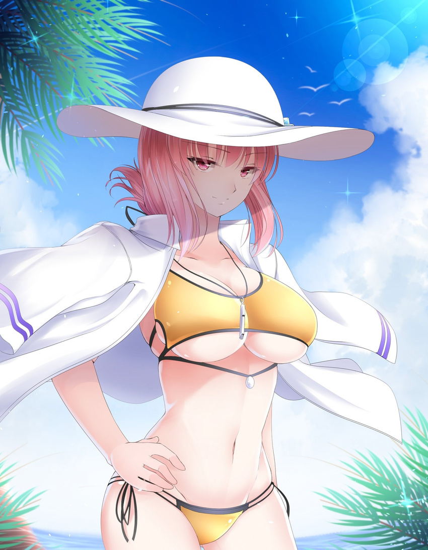 bangs bikini blue_sky breasts chaldea_lifesavers closed_mouth cloud commentary_request cowboy_shot day fate/grand_order fate_(series) florence_nightingale_(fate/grand_order) hand_on_hip hat highres jacket_on_shoulders koro_(tyunnkoro0902) large_breasts long_hair looking_at_viewer navel outdoors pink_hair red_eyes sky smile solo stomach swimsuit tsurime underboob white_hat yellow_bikini