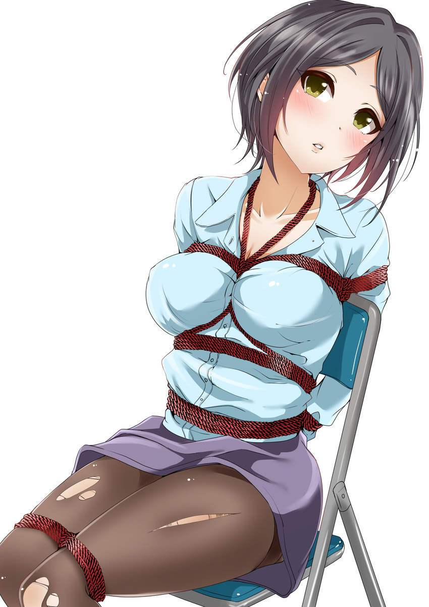 :o arms_behind_back bangs bdsm black_hair blue_shirt blush bondage bound bound_arms bound_legs breasts brown_legwear chair cleavage collarbone collared_shirt eyebrows_visible_through_hair folding_chair hayami_kanade head_tilt highres idolmaster idolmaster_cinderella_girls long_sleeves looking_at_viewer medium_breasts murabito_c pantyhose parted_bangs parted_lips purple_skirt shibari shibari_over_clothes shirt short_hair simple_background sitting skirt solo tied_up torn_clothes torn_legwear white_background wing_collar yellow_eyes