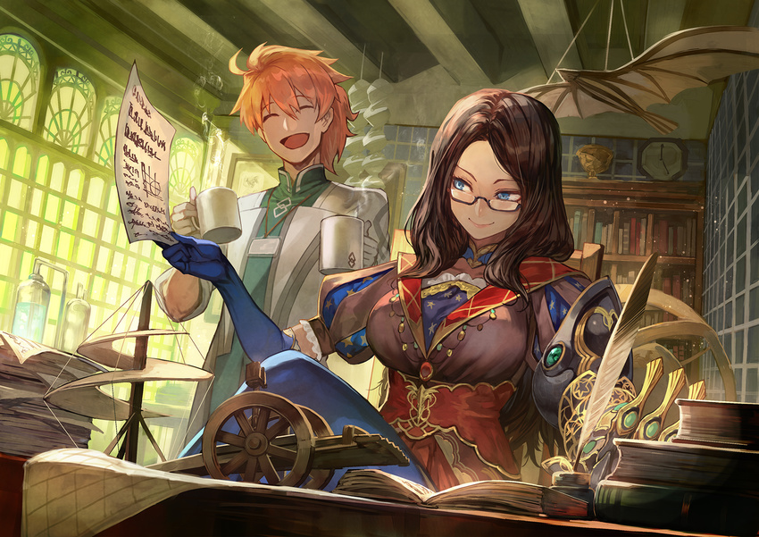 1girl :d ^_^ ^o^ ahoge black-framed_eyewear blue_eyes blue_gloves blue_legwear blue_neckwear book book_stack bookshelf breasts brown_hair chair choker clock closed_eyes closed_mouth coffee_mug cup elbow_gloves fate/grand_order fate_(series) gauntlets gem glasses gloves hair_between_eyes highres holding holding_cup holding_paper indoors inkwell labcoat lack large_breasts leonardo_da_vinci_(fate/grand_order) light_particles lips long_hair long_sleeves model mug open_book open_clothes open_mouth orange_hair ornithopter paper ponytail puffy_short_sleeves puffy_sleeves quill romani_archaman semi-rimless_eyewear short_sleeves single_elbow_glove single_gauntlet single_glove sitting sleeves_pushed_up smile steam table tsurime under-rim_eyewear underbust upper_body water_dispenser white_gloves window