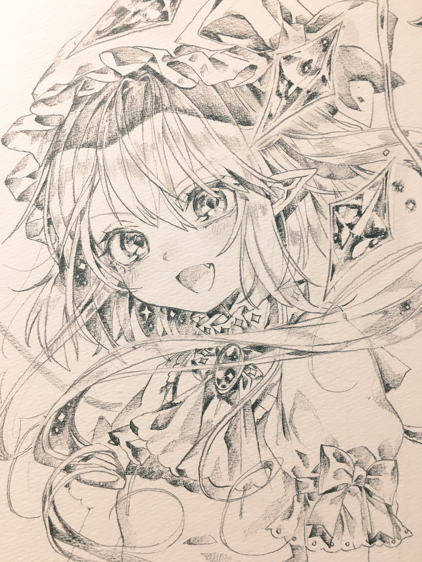 ascot bangs blush brooch fang_out flandre_scarlet gotoh510 graphite_(medium) greyscale hat highres jewelry looking_at_viewer mob_cap monochrome open_mouth pointy_ears short_hair short_sleeves side_ponytail smile solo sparkle touhou traditional_media wings